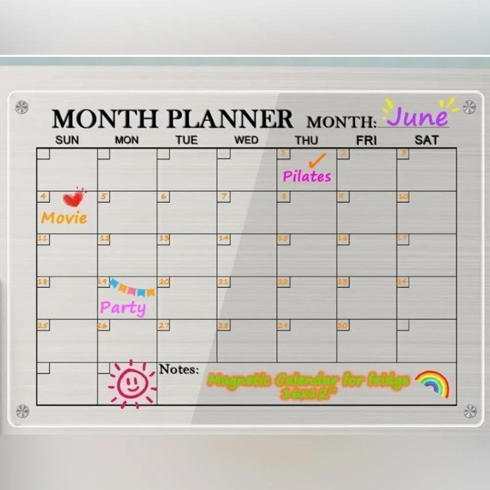 FIRM NEW Magnetic Acrylic Calendar 16” x 12” Clear & 6 Markers
